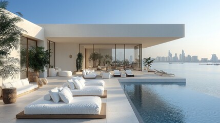 Fototapeta premium Luxury Waterfront Villa, Modern Oasis with Infinity Pool and City Skyline Views