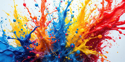 Dynamic Paint Splash Explosion in Motion A high-speed capture of vibrant acrylic paint splashing mid-air in bold primary colors, frozen