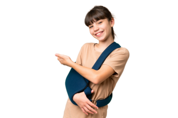 Little caucasian girl with broken arm and wearing a sling over isolated background extending hands to the side for inviting to come