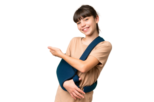 Little caucasian girl with broken arm and wearing a sling over isolated background extending hands to the side for inviting to come