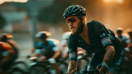Focused Male Cyclist Racing in a Group, Wearing Helmet and Sunglasses, Blurred Background, Golden Hour Sunlight - Powered by Adobe
