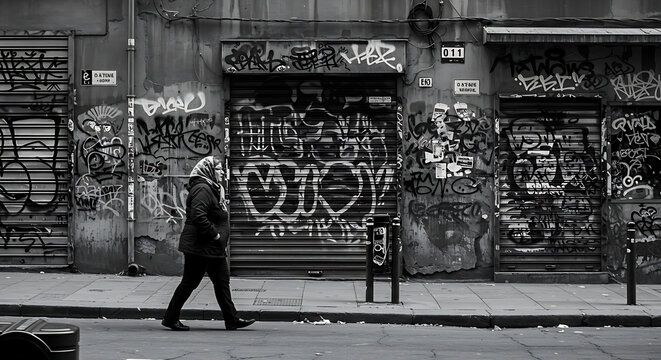 Woman in headscarf walks past graffiticovered storefronts in monochrome street scene