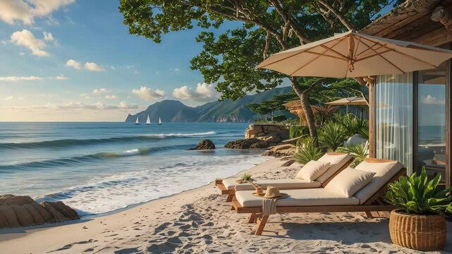 Picturesque beachfront relaxation scene depicting lounge chairs under parasols with sailboats in the distance.