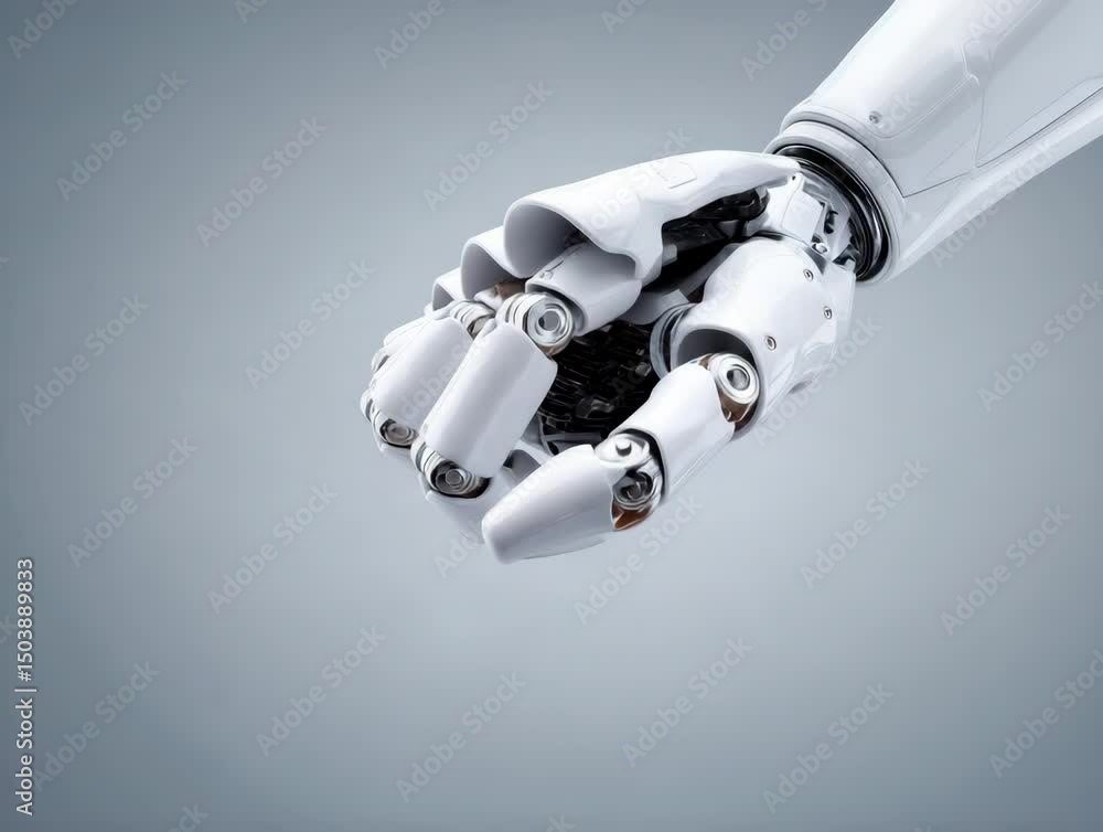Poster futuristic robotic hand showcasing advanced mechanics and precision engineering in a sleek design.