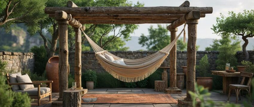 Relaxing hammock hanging under wooden pergola in a peaceful garden with rustic stone walls and green foliage
