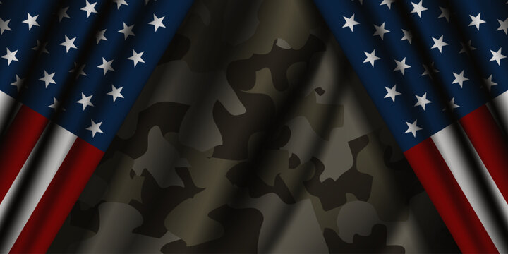 June 14 is US Army Birthday. Fabric, area for text and american flag. Suitable for posters, banners and social media. Dark green background.