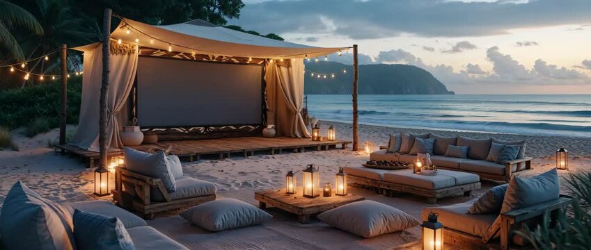 Romantic beach cinema experience featuring lounging area with soft cushions and candles lit evening