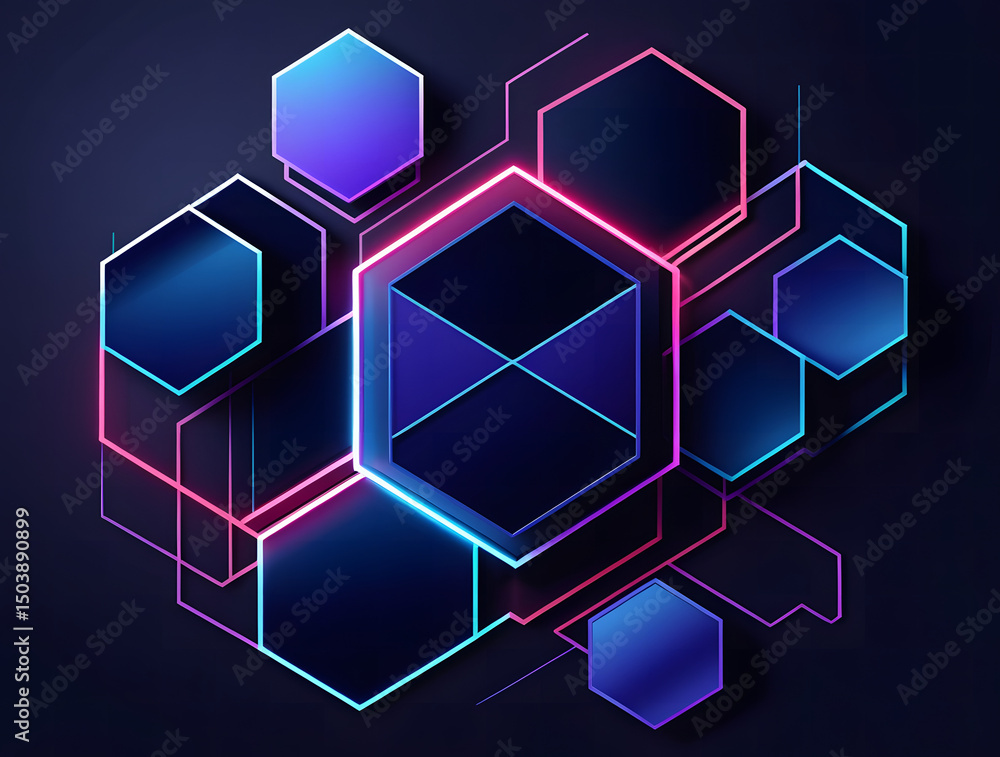 Poster abstract blue hexagon pattern with geometric and digital design elements