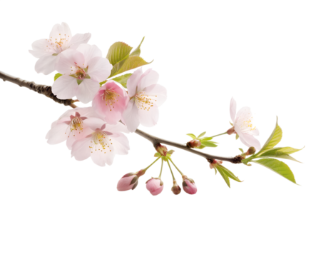 Delicate cherry blossom branch with soft pink flowers and fresh green leaves isolated on white background. Perfect for spring themes, nature concepts, or minimalist design elements. Ideal for floral a - Powered by Adobe