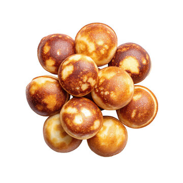A delightful pile of golden brown aebleskiver pastries, a traditional Danish dessert, are presented on a pristine white backdrop, highlighting their delicious texture.