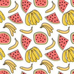 banana and watermelons repeated pattern background design, vector seamless pattern of fruits