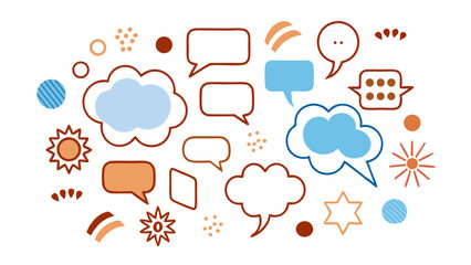Obraz premium Colorful Speech Bubbles & Doodle Icon Set – Talk, Chat, Expression & Emotion Symbols