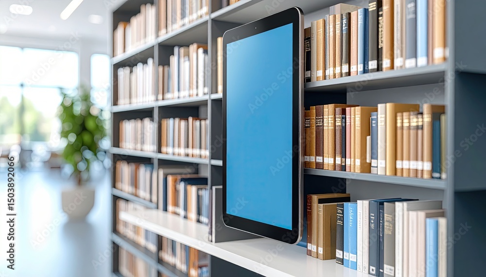 Poster modern tablet displayed on a shelf beside books in a bright, contemporary library setting with natur