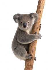 Naklejka premium A cute grey koala bear with fluffy ears clings to a tree branch against a white background, looking directly at the camera with an endea expression.