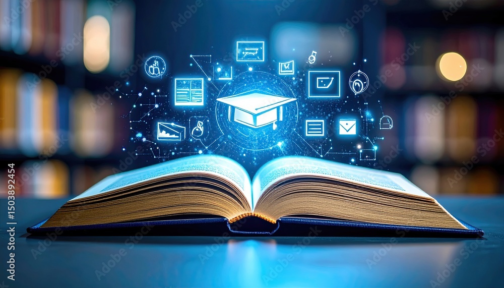 Aufkleber open book with digital icons representing education, technology, and learning concepts in a library 