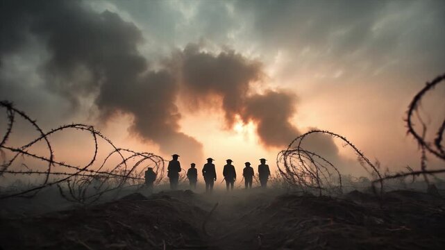 Epic World War I battle scene, barbed wire, trenches, smoke, soldiers, dramatic lighting, moving mist. Slow forward tracking shot, 4k