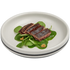Sliced grilled beef tenderloin served on a bed of fresh spinach with a scatte of mustard seeds presented in a minimalist white bowl, studio shot, gourmet.