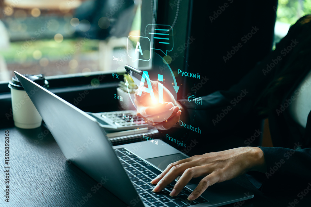 Aufkleber businesswoman using ai-powered translation app on smartphone with digital interface showing multiple