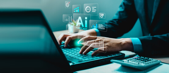 Businessman using AI-powered forecasting system on laptop, futuristic digital interface showing analytics, data prediction charts for business planning, finance strategy, and machine learning insight
