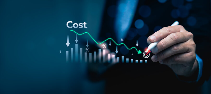 Businessman Planning Cost Reduction Strategy with Analytics and Target Icon on Digital Graph Chart, Business Budget Management, Financial Efficiency and Profit Optimization Concept