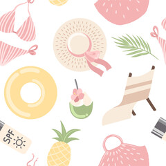 Hand drawn seamless pattern with summer beach icons isolated. Summer background.