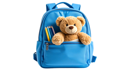 A pastel blue backpack with a soft teddy bear peeking out of the front pocket, perfect for children and school supplies isolated on solid white background Png
