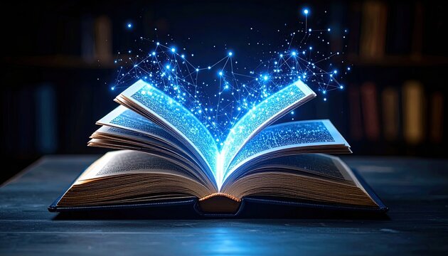 Open book releasing glowing abstract data particles in a dark library, symbolizing knowledge and imagination
