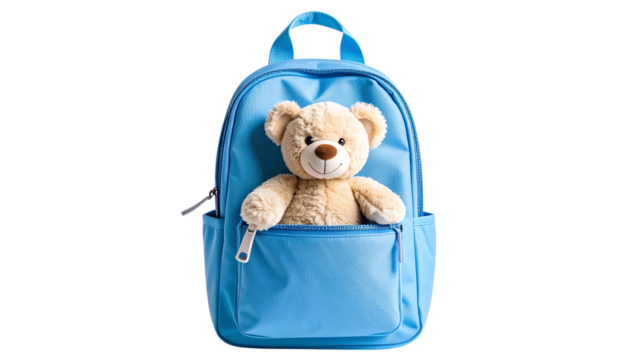 A pastel blue backpack with a soft teddy bear peeking out of the front pocket, perfect for children and school supplies isolated on solid white background Png format 