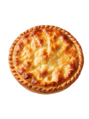 Overhead studio shot of a golden brown baked pie with a crimped crust on a clean white background displaying its freshly baked and delicious homemade appearance.