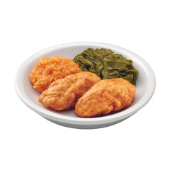 Fototapeta premium A simple meal of golden fried chicken tenders with a side of seasoned rice and cooked green beans is presented on a white ceramic plate, appetizing and ready to eat.