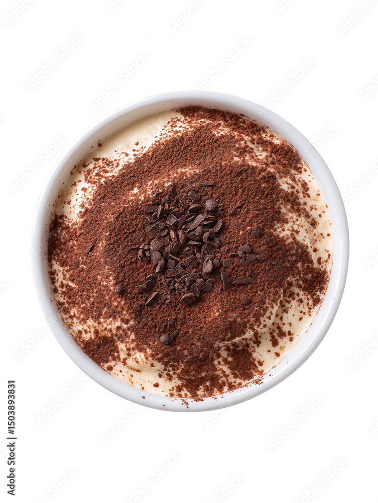 Poster a delightful serving of tiramisu is presented in a white bowl with a dusting of cocoa powder and cho
