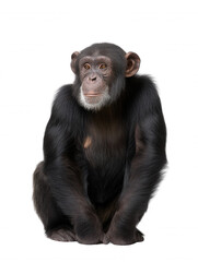 Naklejka premium A thoughtful chimpanzee sits upright with its arms resting in front of it, gazing calmly towards the viewer against a stark white background with dignity.