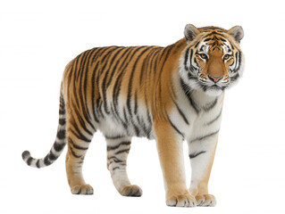 Obraz premium Majestic bengal tiger stands alert against a stark white background, showcasing its striking orange and black striped fur and powerful physique with graceful poise.