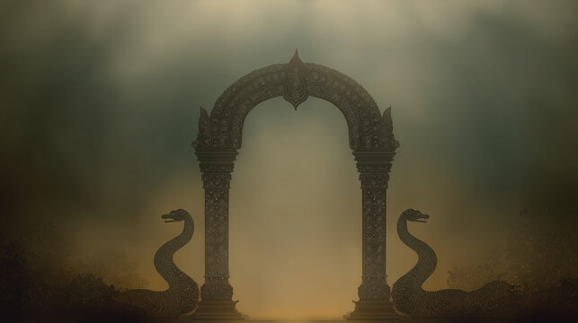 Nag Panchami, temple arch silhouette with snake motifs, foggy background, green-brown gradient - Powered by Adobe