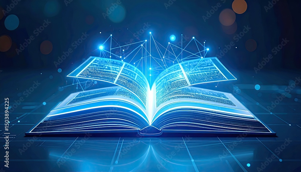 Poster open book with glowing pages and digital connections, representing knowledge and technology integrat