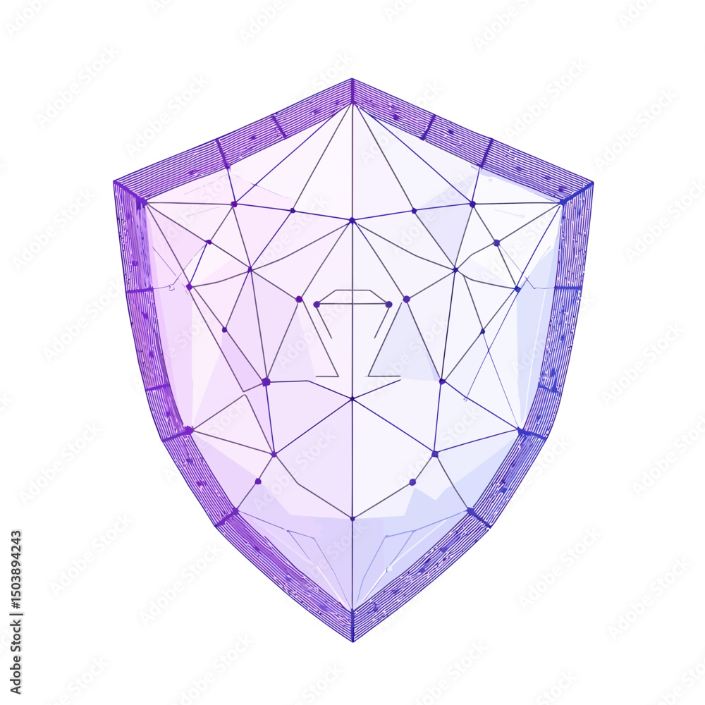 Poster abstract low poly shield with geometric wireframe mesh and purple gradient color for cybersecurity p