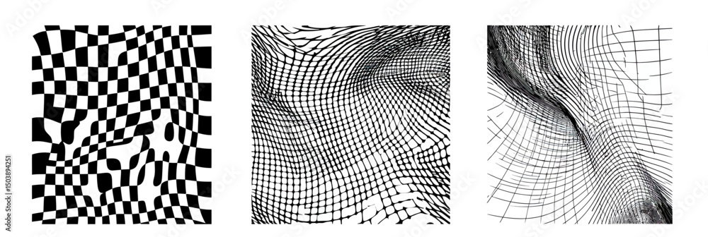 Poster distorted black and white checkerboard and wireframe grid backgrounds set with warped curved geometr