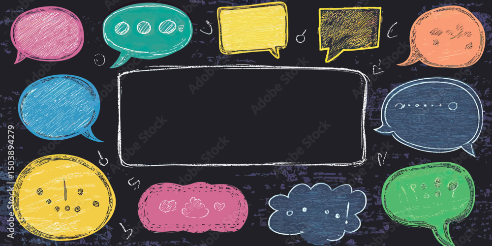 Poster hand drawn colorful chalk speech bubble set with blackboard style empty rectangular frame for text o