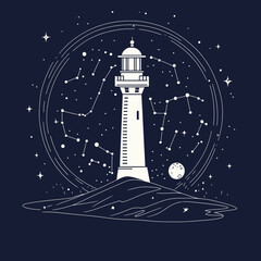 Minimalist vector lighthouse on rocky shore surrounded by starry night sky with constellation lines and moon illustration