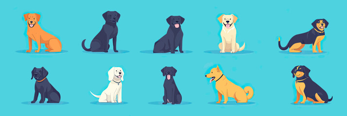 Set of twelve flat minimalist vector illustrations of diverse dog breeds sitting and standing in various poses on blue background including labrador, poodle, rottweiler, golden retriever and shiba inu