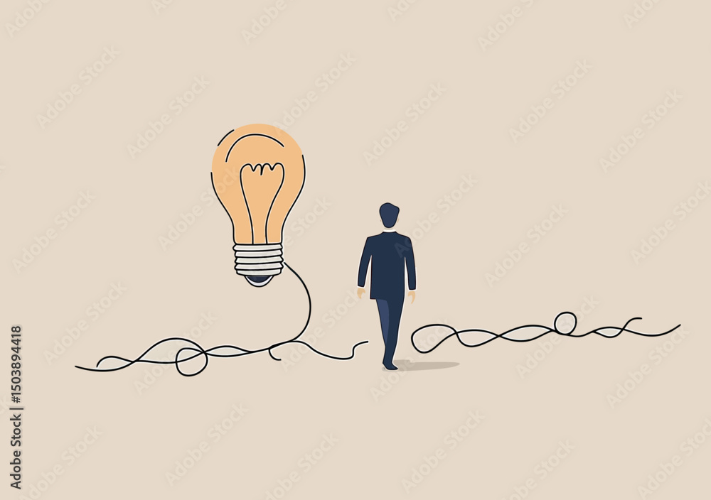 Poster silhouette of businessman walking away from chaotic scribbles towards illuminated light bulb concept