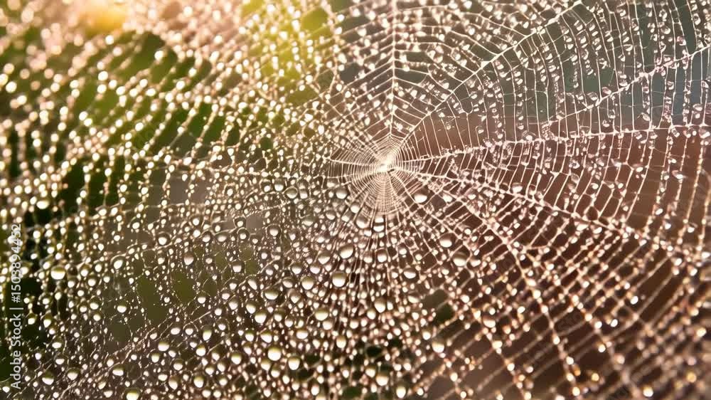 Aufkleber detailed spiderweb adorned with morning dew drops, sparkling in sunlight with a blurred green foliag