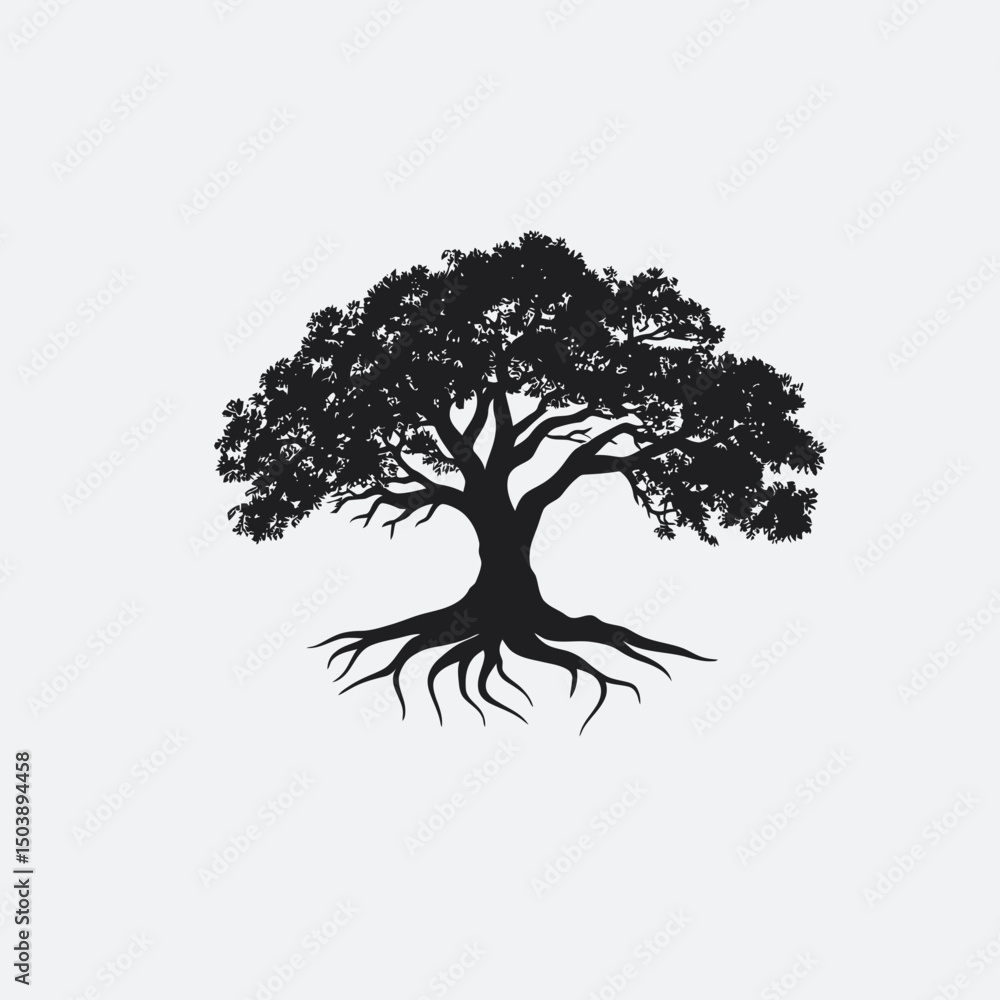 Poster black silhouette of large oak tree with widespread branches and visible roots on white background fl