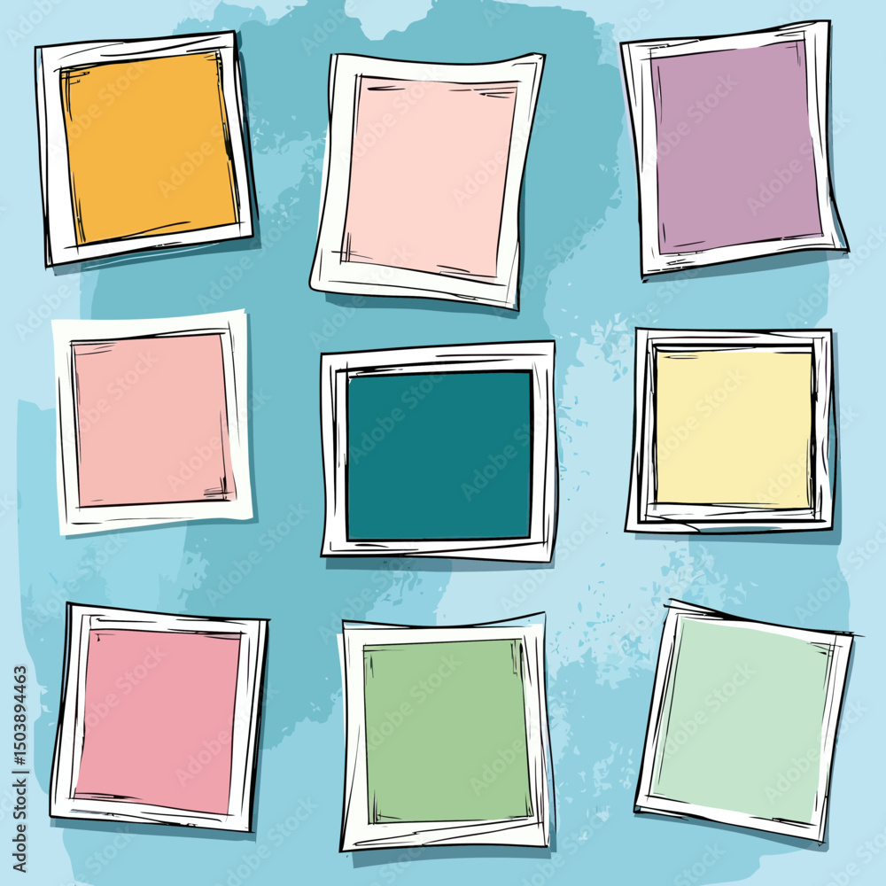 Poster set of nine colorful hand drawn sticky note illustrations with doodle square frames and textured bac