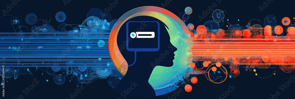 Poster digital human head silhouette with ai chat interface and abstract data streams representing artifici