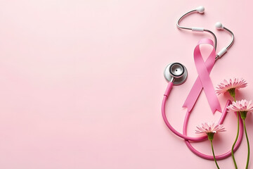 Fototapeta premium Flat Lay of Pink Stethoscope with Awareness Ribbon and Flowers on Soft Pink Background