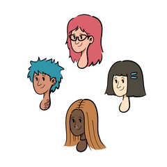 Cartoon portraits of four diverse women in color
