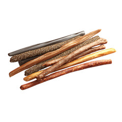 A tasty arrangement of chocolate and sesame covered pretzel sticks in varying shades are arranged artfully on a crisp white background creating a delicious snack.