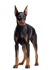 A majestic black and tan Doberman Pinscher stands confidently on a clean white background, showcasing its sleek coat and alert expression in a studio shot.