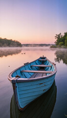 Obraz premium Vintage wooden rowboat floating on serene lake at twilight, tranquility